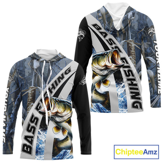Custom Bass Fishing Grass Camo Long Sleeve Hooded Fishing Shirts, Bass Fishing Tournament Shirts NBT450
