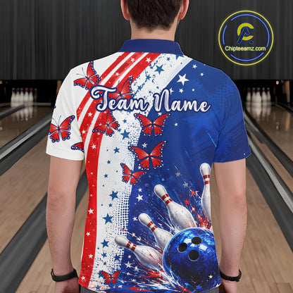 American Flag Butterfly Custom Patriotic Bowling Shirts For Men, Bowling League Shirts NBT973