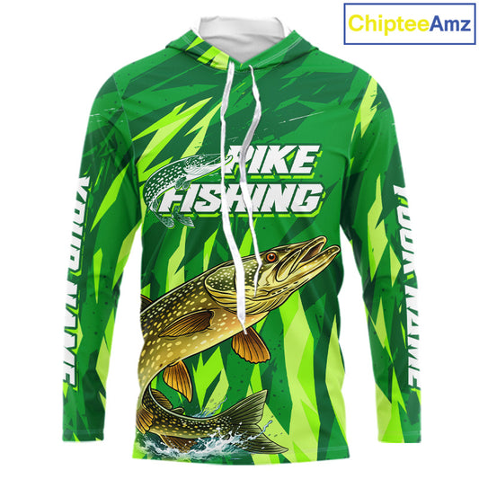 Pike Fishing Shirt Long Sleeve Hooded Green Camo Custom Name, Pike Fishing Jerseys For Men NBT408