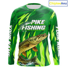 Load image into Gallery viewer, Pike Fishing Shirts Long Sleeve Green Camo Custom Name, Pike Fishing Jerseys For Men NBT408
