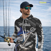 Load image into Gallery viewer, Personalized Marlin Long Sleeve Hooded Fishing Shirts Anchor Vector Custom Name Black Camo, Saltwater Fishing Shirts NBT473