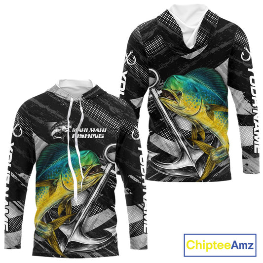 Personalized Mahi Mahi Long Sleeve Hooded Fishing Shirts Anchor Vector Custom Name Black Camo, Saltwater Fishing Shirts NBT473