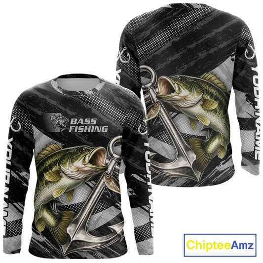 Personalized Bass Fishing Long Sleeve Anchor Vector Custom Name Black Camo, Bass Fishing Shirts NBT472