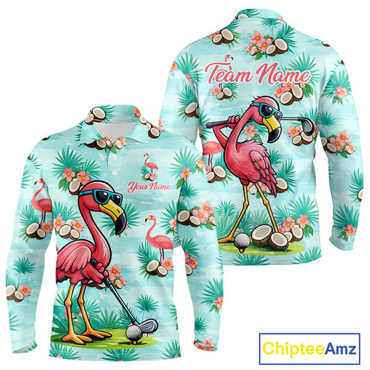 Funny Mens Golf Polo Shirts Custom Name Pink Flamingo Pattern, Tropical Golf Shirt NBT478