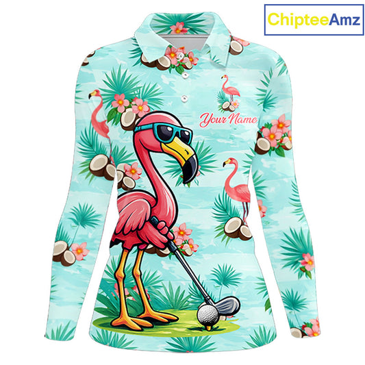 Funny Womens Golf Polo Shirts Custom Name  Pink Flamingo Pattern, Tropical Golf Shirt NBT478