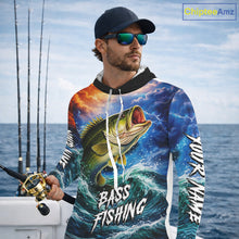 Load image into Gallery viewer, Personalized Bass Thunder And Lightening Long Sleeve Hooded Fishing Shirts, Custom Bass Fishing Jerseys NBT378
