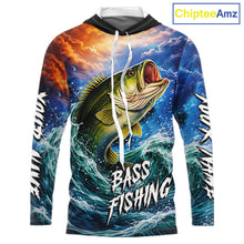 Load image into Gallery viewer, Personalized Bass Thunder And Lightening Long Sleeve Hooded Fishing Shirts, Custom Bass Fishing Jerseys NBT378