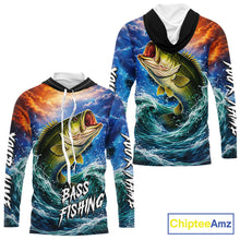 Load image into Gallery viewer, Personalized Bass Thunder And Lightening Long Sleeve Hooded Fishing Shirts, Custom Bass Fishing Jerseys NBT378