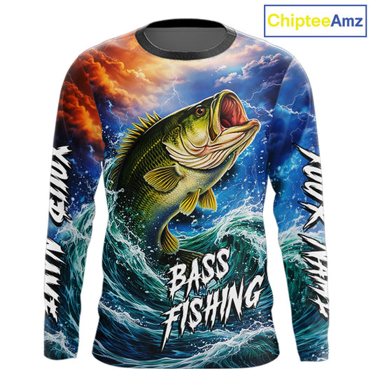 Personalized Bass Thunder And Lightening Long Sleeve Fishing Shirts,Custom Bass Fishing Jerseys NBT378