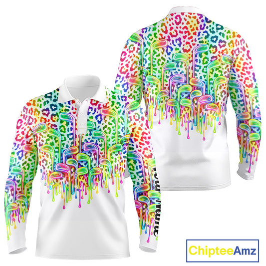 Mens Golf Polo Shirts Colorful Neon Watercolor Leopard Custom Name White Golf Shirts NBT509