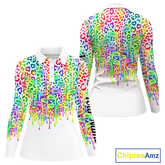 Womens Golf Polo Shirts Colorful Neon Watercolor Leopard Custom Name White Golf Shirts NBT509
