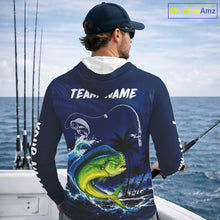 Load image into Gallery viewer, Angler wearing Mahi Mahi Fishing Custom performance long sleeve  hooded fishing shirt on the boat