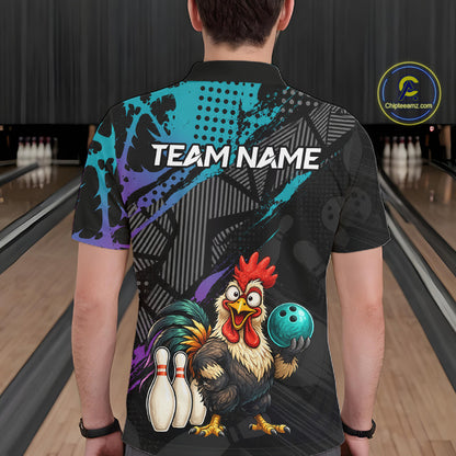 Custom Neon Blue Purple Funny Rooster Bowling Men Polo & 1/4 Quarter Zip Shirt, Bowling Team NBT932