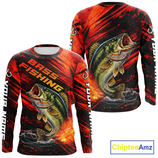 Personalized Fishing Bass Long Sleeve Fishing Shirts Orange Custom Nam, Fishing Shirts For Men NBT382