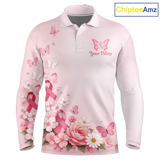 Custom Name Pink Butterfly Floral Pattern Breast Cancer Month Lady Golfer Men's Polo Shirt NBT529