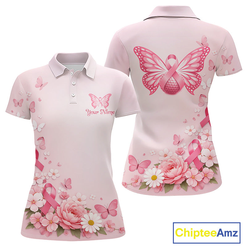 Custom Name Pink Butterfly Floral Pattern Breast Cancer Month Lady Golfer Women's Polo Shirt NBT529