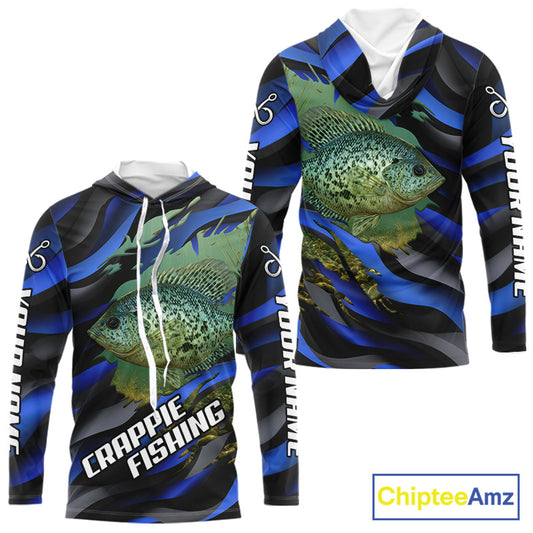 Custom Crappie Fishing Blue Camo Long Sleeve Hooded Fishing Shirts, Crappie Fishing Shirts NBT390