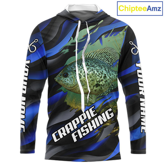 Custom Crappie Fishing Blue Camo Long Sleeve Hooded Fishing Shirts, Crappie Fishing Shirts NBT390
