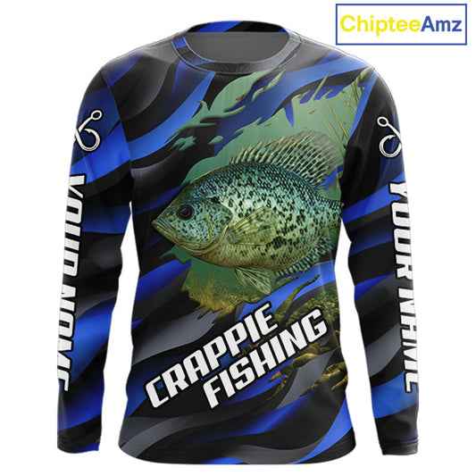 Custom Crappie Fishing Blue Camo Long Sleeve Fishing Shirts, Crappie Fishing Shirts NBT390