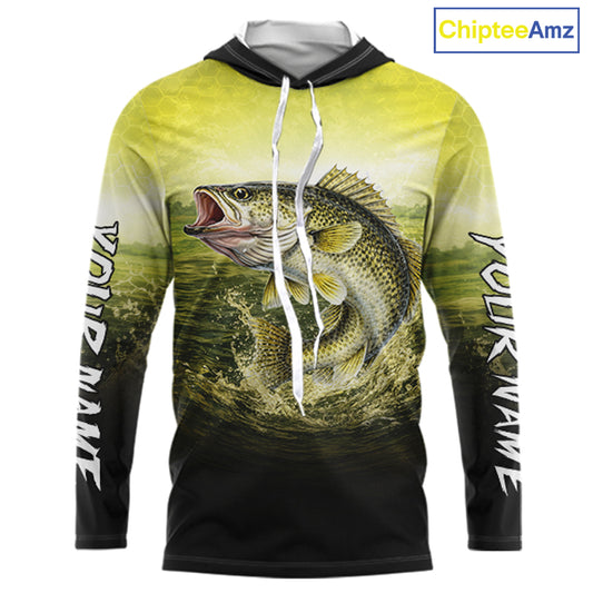 Yellow Walleye Fishing UV Protection Long Sleeve Hooded Fishing Shirts, Custom Walleye Fishing Shirts NBT400