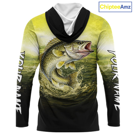 Yellow Walleye Fishing UV Protection Long Sleeve Hooded Fishing Shirts, Custom Walleye Fishing Shirts NBT400