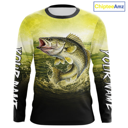 Yellow Walleye Fishing UV Protection Long Sleeve Fishing Shirts, Custom Walleye Fishing Shirts NBT400