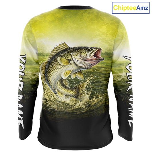 Yellow Walleye Fishing UV Protection Long Sleeve Fishing Shirts, Custom Walleye Fishing Shirts NBT400