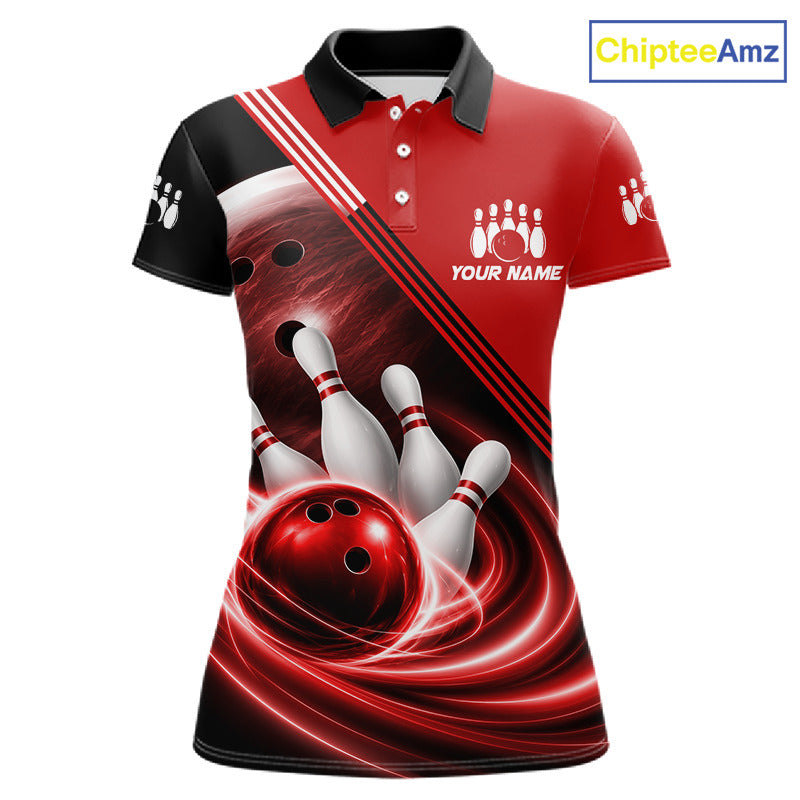 Personalized Red Bowling Jersey Bowling Polo Shirt For Women, Team Bowling League Shirts NBT944