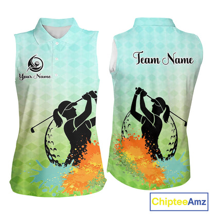 Womens Sleeveless Golf Polo Shirt Colorful Argyle Pattern Custom Name And Team Name Golf Shirt, Golfing Gifts NBT559