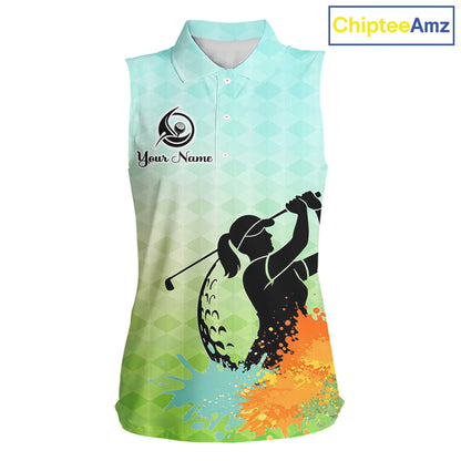 Womens Sleeveless Golf Polo Shirt Colorful Argyle Pattern Custom Name And Team Name Golf Shirt, Golfing Gifts NBT559