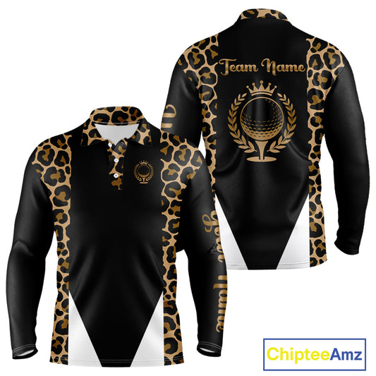 Mens Golf Polo Shirts Brown Leopard Pattern Black Golf Shirt Custom Name Golf Wear For Mens NBT560