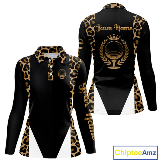 Womens Golf Polo Shirts Brown Leopard Pattern Black Golf Shirt Custom Name Golf Wear For Ladies NBT560
