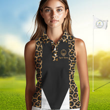Load image into Gallery viewer, Womens Sleeveless Golf Polo Shirts Brown Leopard Pattern Black Golf Shirt Custom Name Golf Wear For Womens NBT560