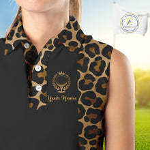 Load image into Gallery viewer, Womens Sleeveless Golf Polo Shirts Brown Leopard Pattern Black Golf Shirt Custom Name Golf Wear For Womens NBT560