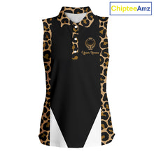 Load image into Gallery viewer, Womens Sleeveless Golf Polo Shirts Brown Leopard Pattern Black Golf Shirt Custom Name Golf Wear For Womens NBT560