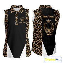 Load image into Gallery viewer, Womens Sleeveless Golf Polo Shirts Brown Leopard Pattern Black Golf Shirt Custom Name Golf Wear For Womens NBT560