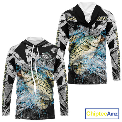 Custom American Flag Crappie Fishing Shirts Long Sleeve with Hood, Crappie Patriotic Fishing Shirt NBT471