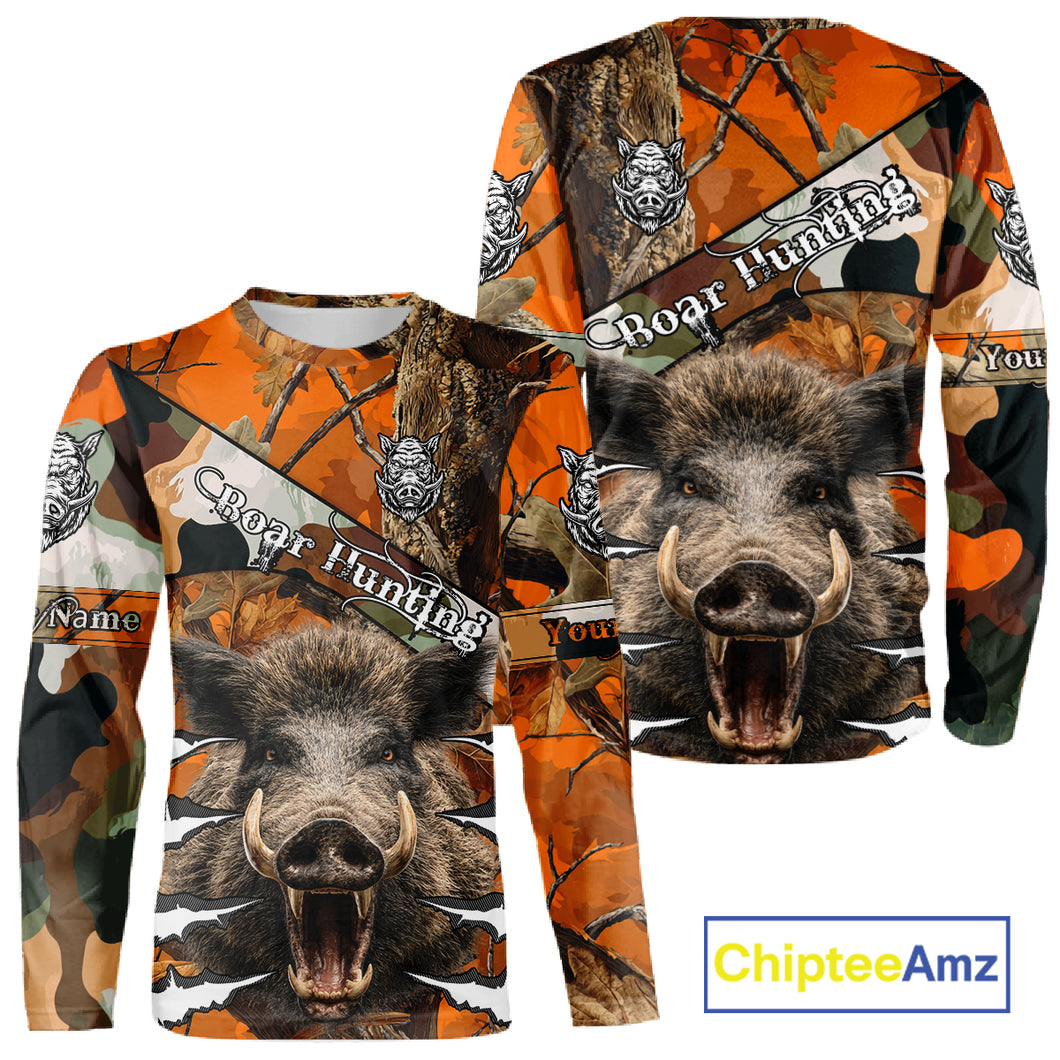 Wild Hog Hunting Orange Camouflage Custom Name Shirts, Personalized Boar Hunting Shirts NBT133
