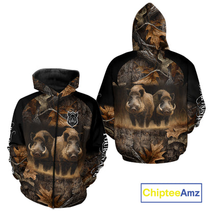 Wild Boar Hunting Forest Camouflage 3D Custom Name Shirts, Boar Hunting Gift Ideas for Hunters NBT224