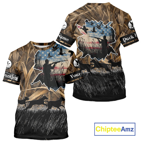 Custom Duck Hunting Camo USA Flag Custom Name 3D Printing Shirts, Duck Hunting Shirts NBT148