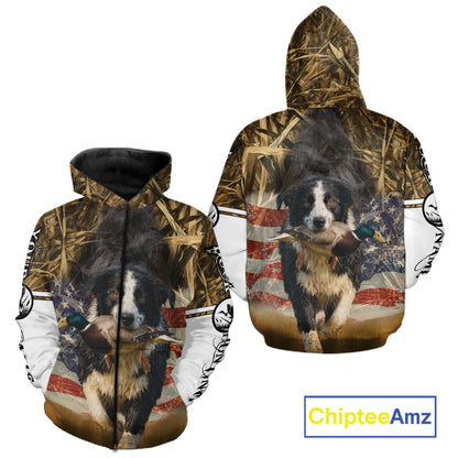Border Collies Duck Hunting USA Flag Customized Name All Over Printed Shirts, Hunting Gifts NBT153