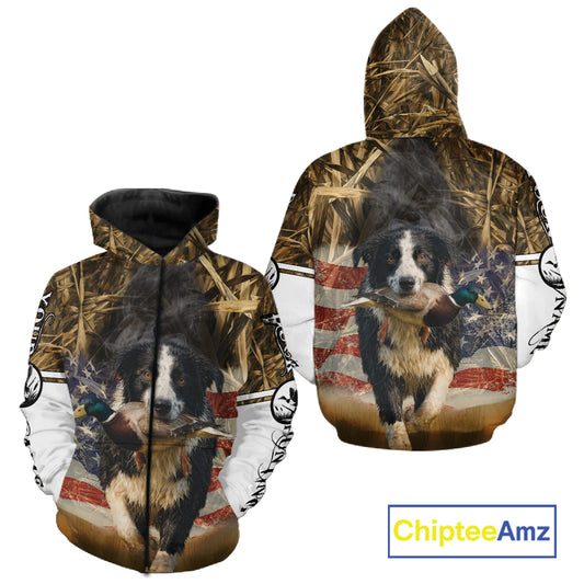 Border Collies Duck Hunting USA Flag Customized Name All Over Printed Shirts, Hunting Gifts NBT153