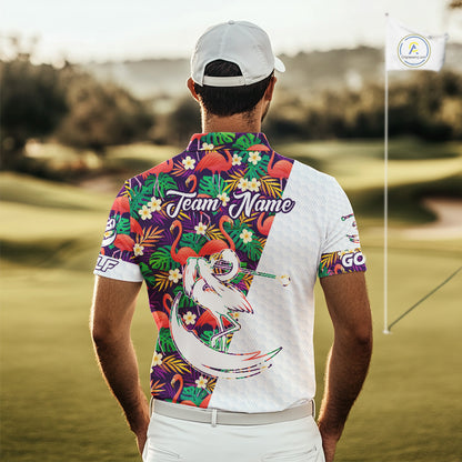 Men Golf Polo Shirts Colorful Floral Flamingo Pattern Tropical Leaves Custom Name Team Golf Shirts NBT524
