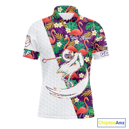 Men Golf Polo Shirts Colorful Floral Flamingo Pattern Tropical Leaves Custom Name Team Golf Shirts NBT524