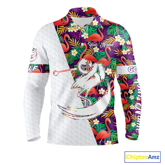 Men Golf Polo Shirts Colorful Floral Flamingo Pattern Tropical Leaves Custom Name Team Golf Shirts NBT524