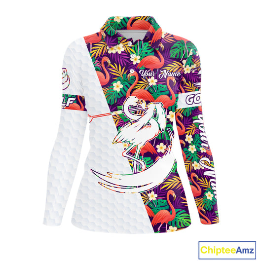 Women Golf Polo Shirts Colorful Floral Flamingo Pattern Tropical Leaves Custom Name Team Golf Shirts NBT524