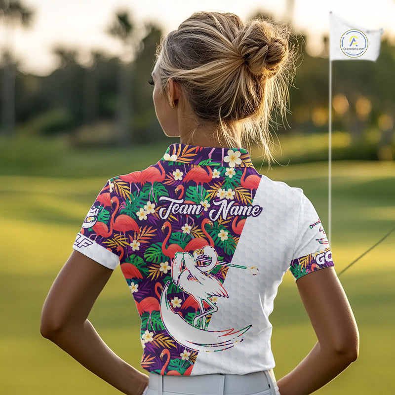 Women Golf Polo Shirts Colorful Floral Flamingo Pattern Tropical Leaves Custom Name Team Golf Shirts NBT524