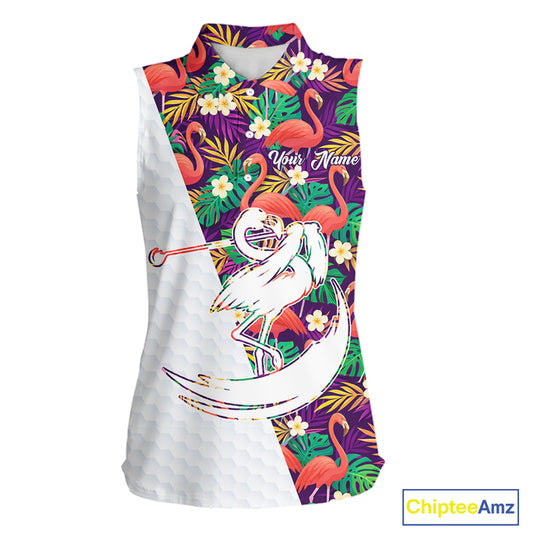 Women Sleeveless Golf Polo Shirts Colorful Floral Flamingo Pattern Tropical Leaves Custom Name Team Golf Shirts NBT524