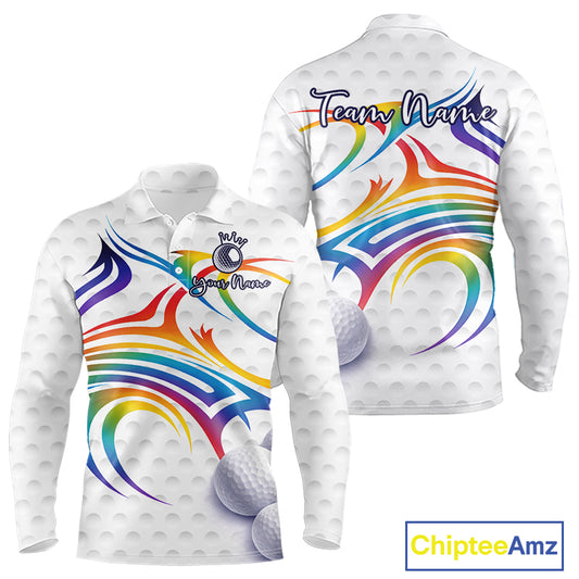 Rainbow Color Mens Golf Polo Shirts Golf Ball Pattern Custom Name, White Golf Shirt For Men NBT545