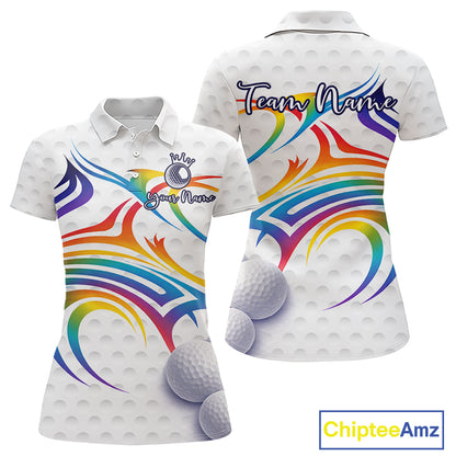 Rainbow Color Womens Golf Polo Shirts Golf Ball Pattern Custom Name, White Golf Shirt For Ladies NBT545